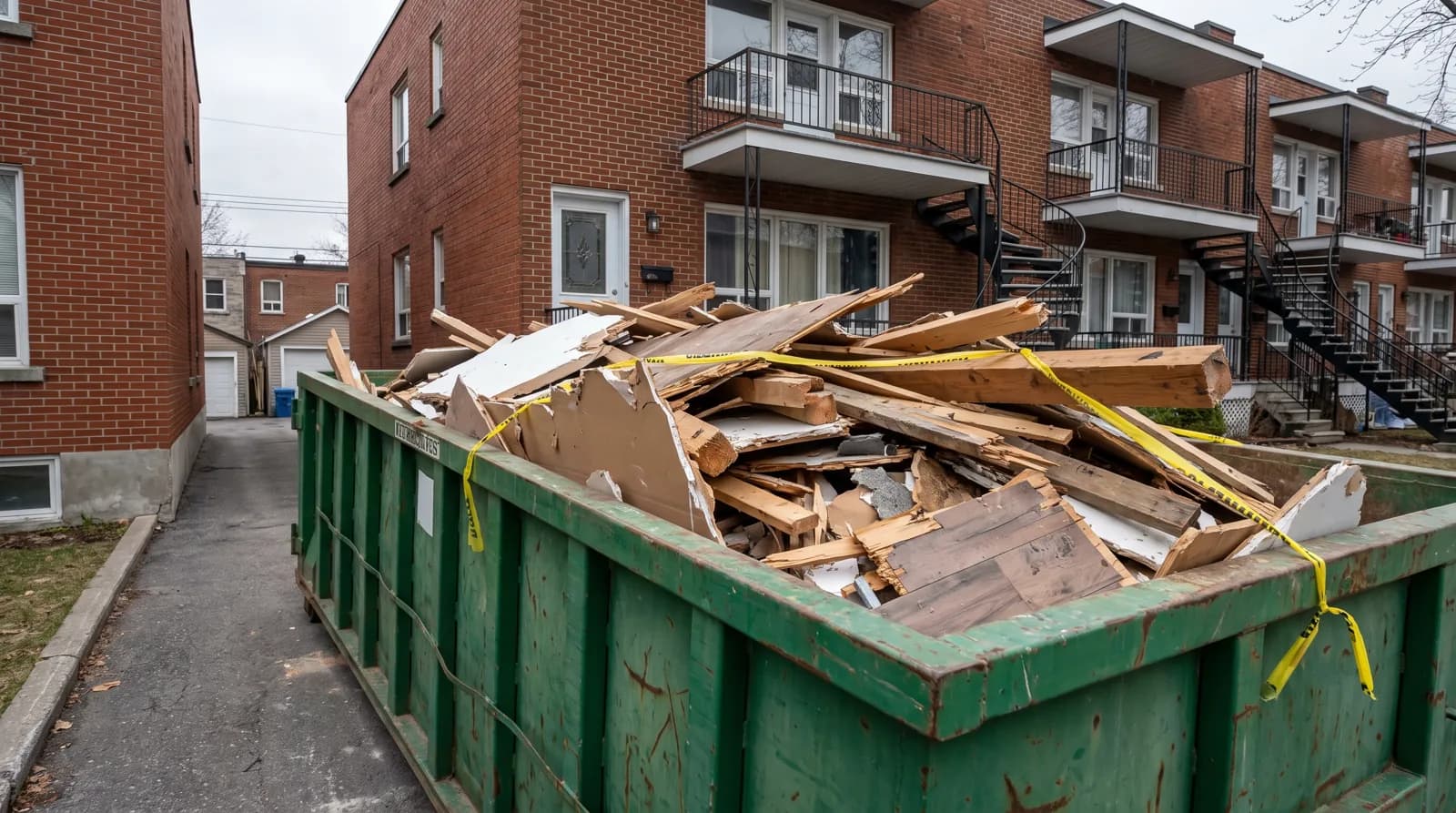 Debris container filled with demolition materials in front of a brick triplex in Montreal