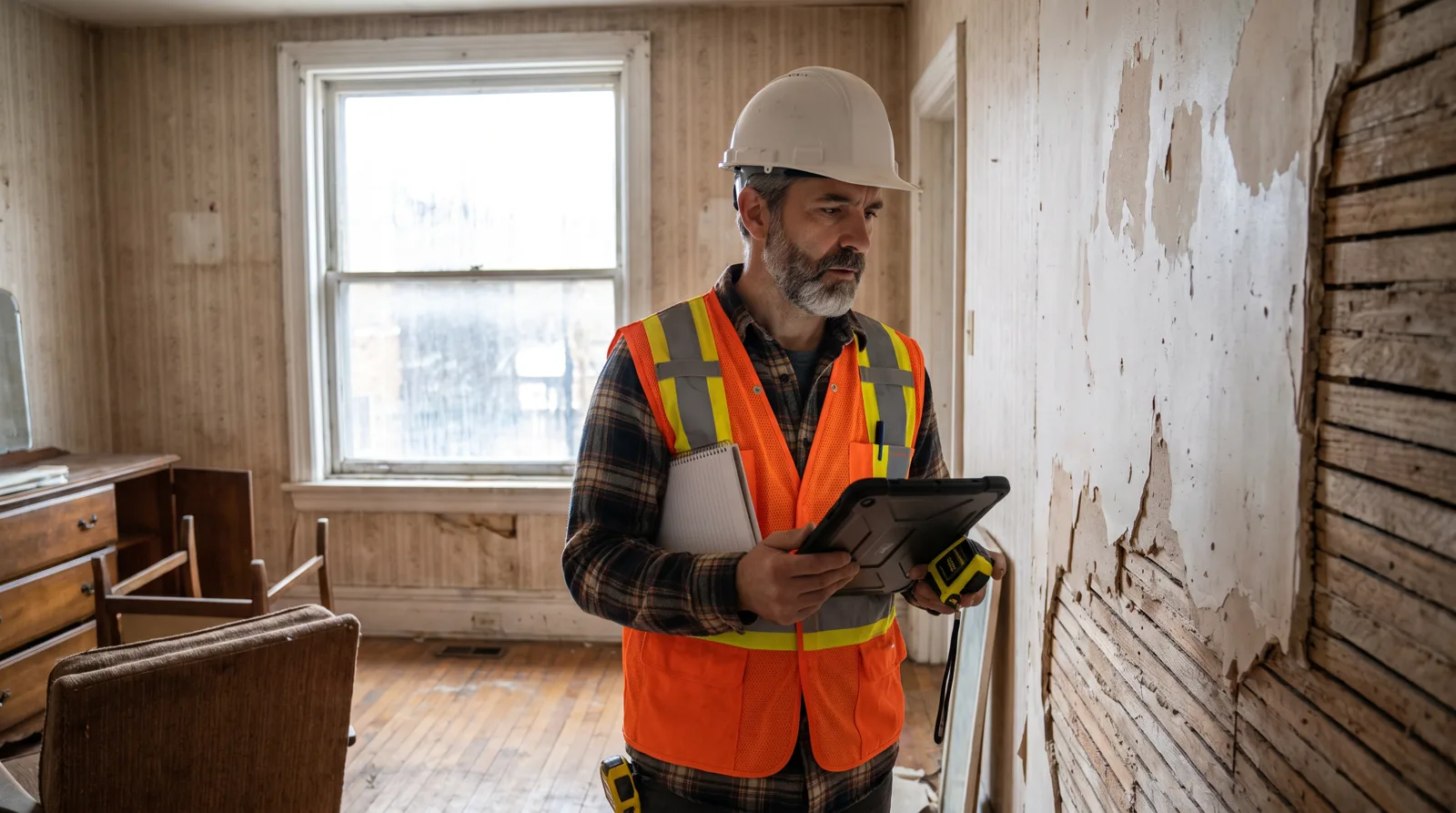 Demolition contractor assessing a room before work in a Montreal home