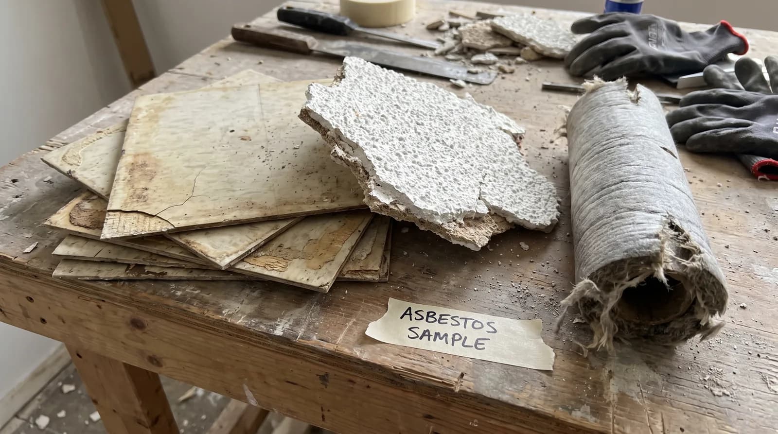 Old building materials likely to contain asbestos: vinyl tiles, textured ceiling, pipe insulation