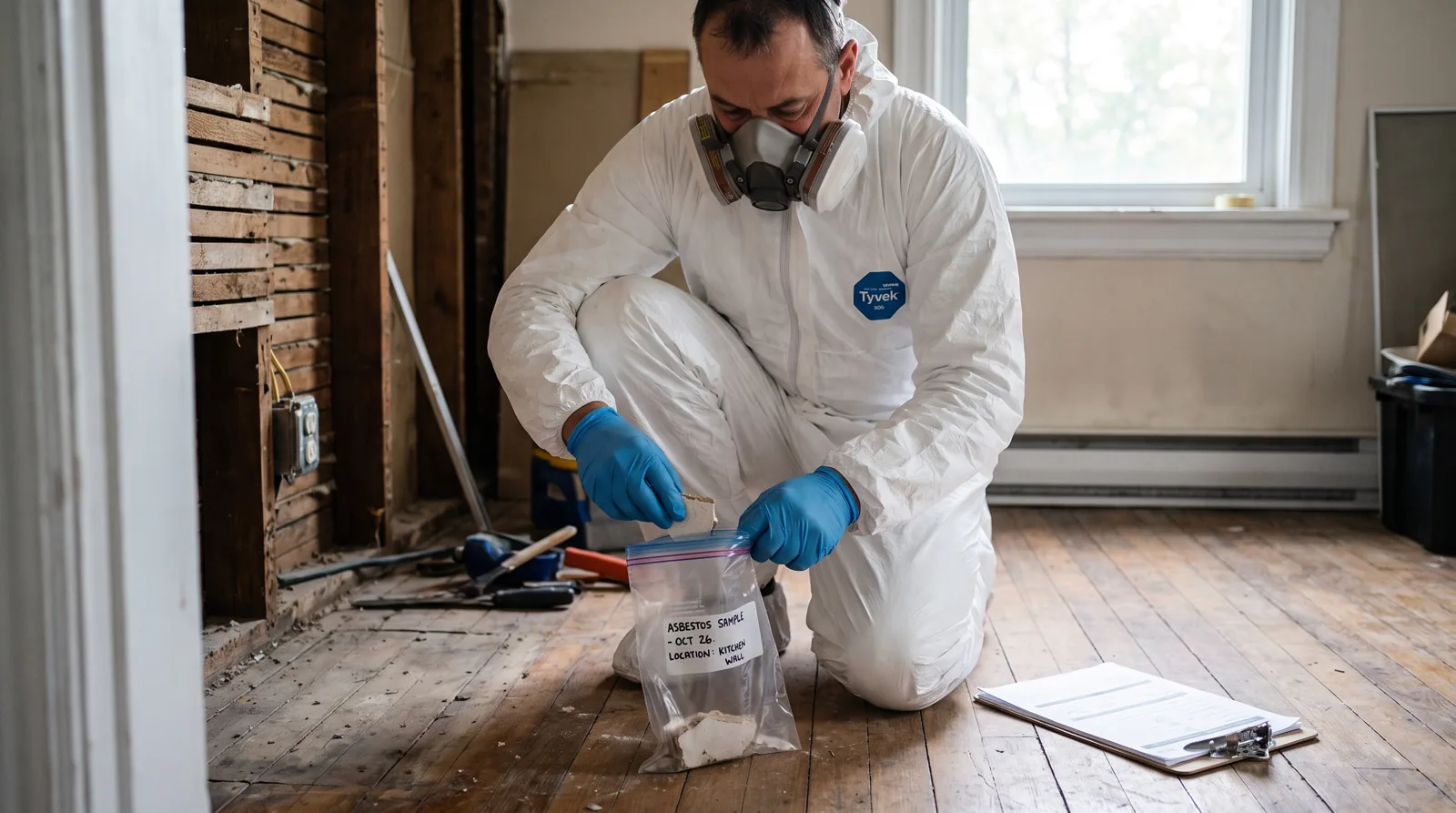 Inspector in protective gear taking a material sample for asbestos analysis in Montreal